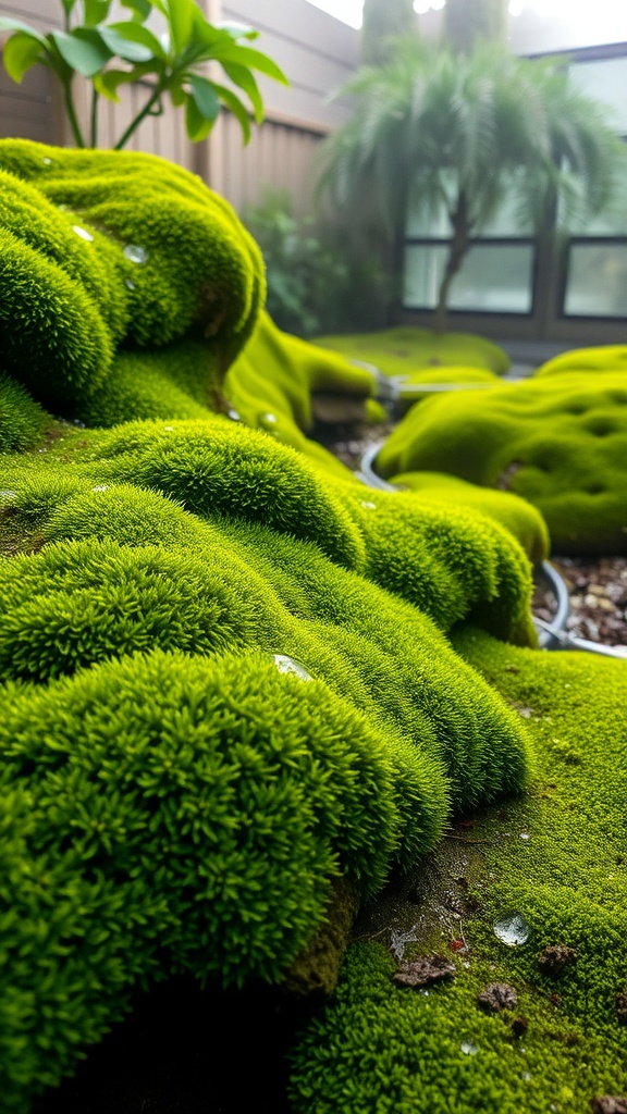 Lush green moss forming soft waves in a humid garden setting, surrounded by tropical plants.