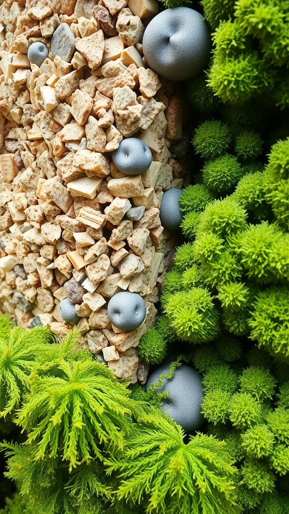 A textured substrate layer for a moss wall, surrounded by vibrant green moss and gardening tools.