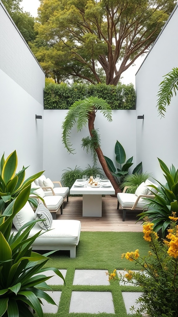 A minimalist garden courtyard featuring white furniture surrounded by lush green plants.