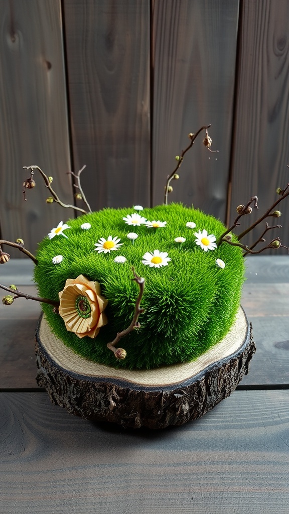 A decorative moss log topped with green moss and flowers, set against a wooden background.