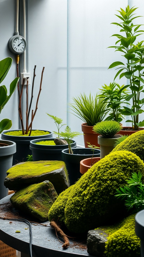 A vibrant indoor setup featuring pots and rocks with lush green moss, showcasing ideal conditions for humidity and moss growth.