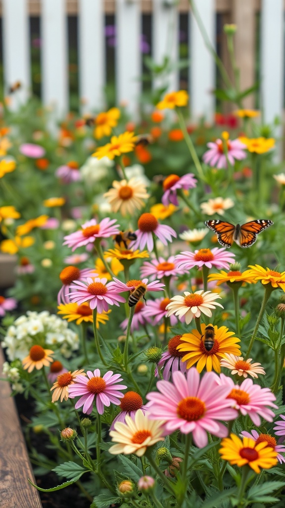 Colorful flower beds filled with blooming flowers and a butterfly.