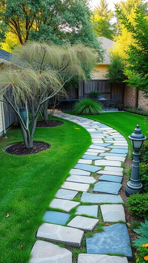 A winding stone pathway through lush green grass and trees.