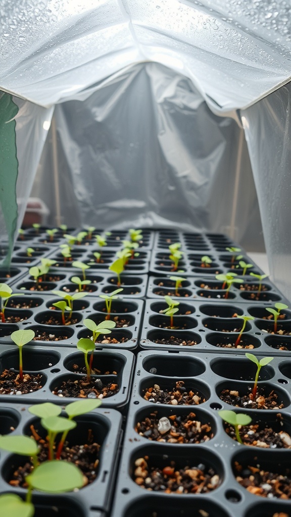 Indoor seedlings growing under a plastic cover for humidity control