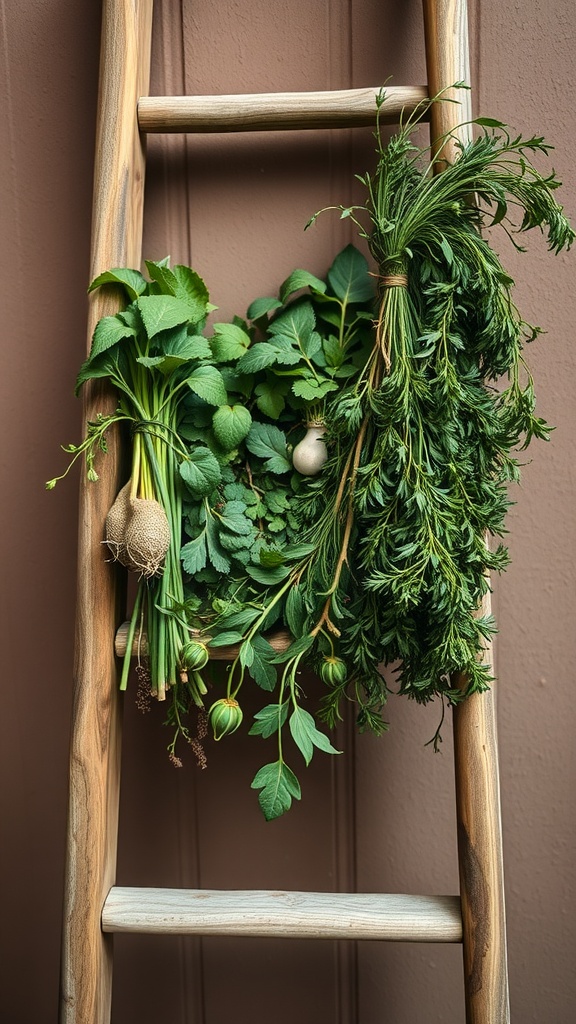 Creative arrangement of fresh herbs on a wooden ladder.