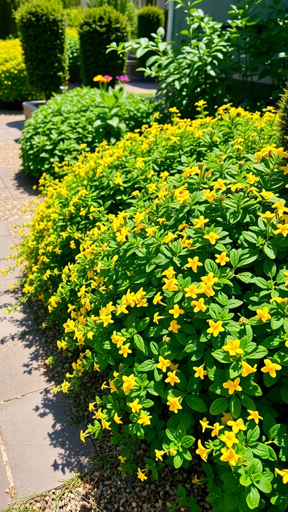 A vibrant display of Creeping Jenny with yellow flowers and green leaves