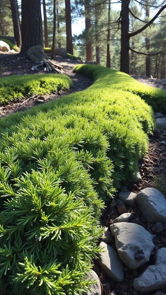 A lush area of creeping juniper sprawled on the ground among rocks and trees, showcasing its vibrant green foliage.