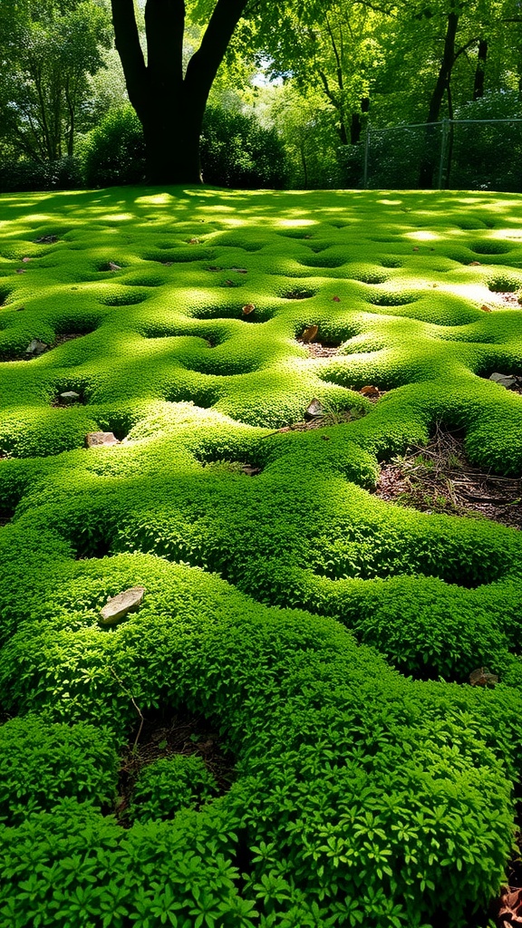 Lush green creeping moss covering the ground under a tree