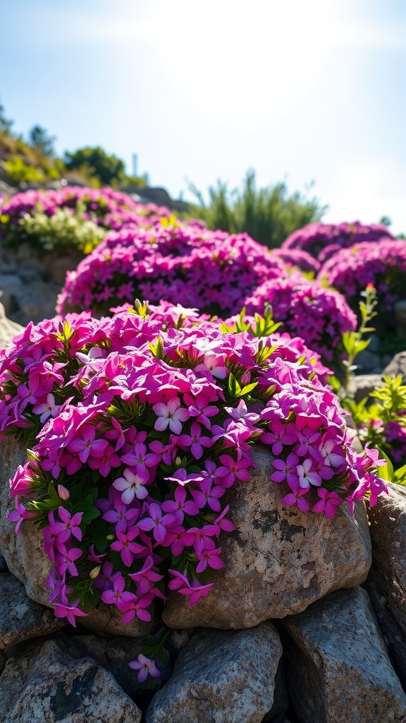 Bright pink Creeping Phlox flowers blooming over rocky terrain