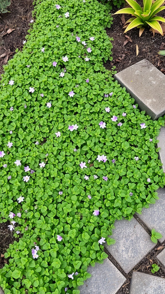 A lush spread of creeping thyme with purple flowers growing along a pathway.