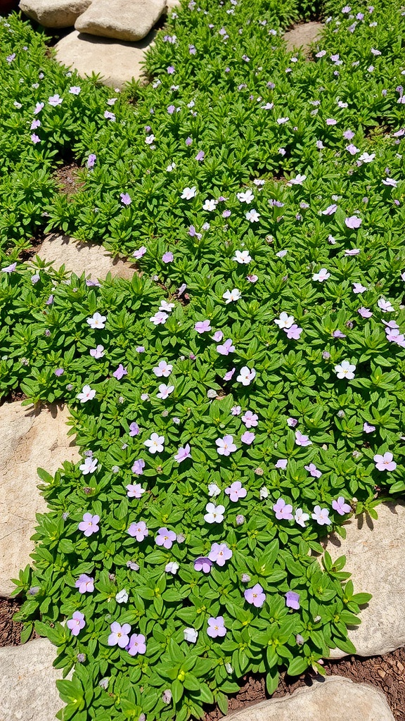 A lush patch of creeping thyme with purple and white flowers growing between stones.