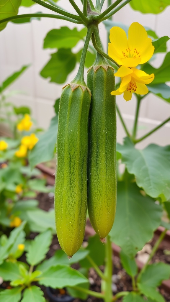 Two green cucumbers on a plant with yellow flowers in a garden