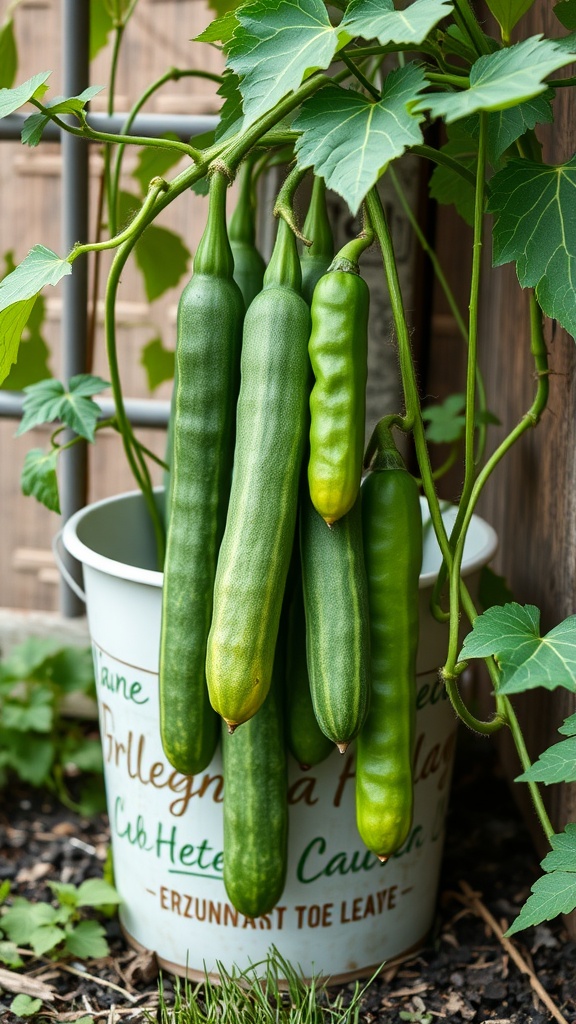 A vertical growing system with healthy cucumbers in a 5 gallon bucket.