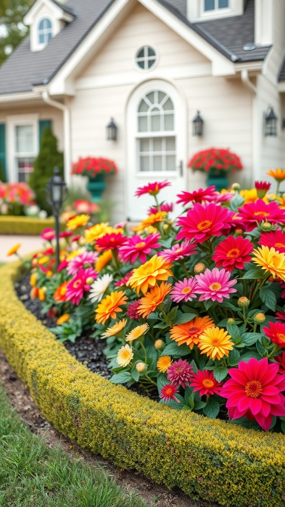 Colorful flower beds with curved edges in front of a house