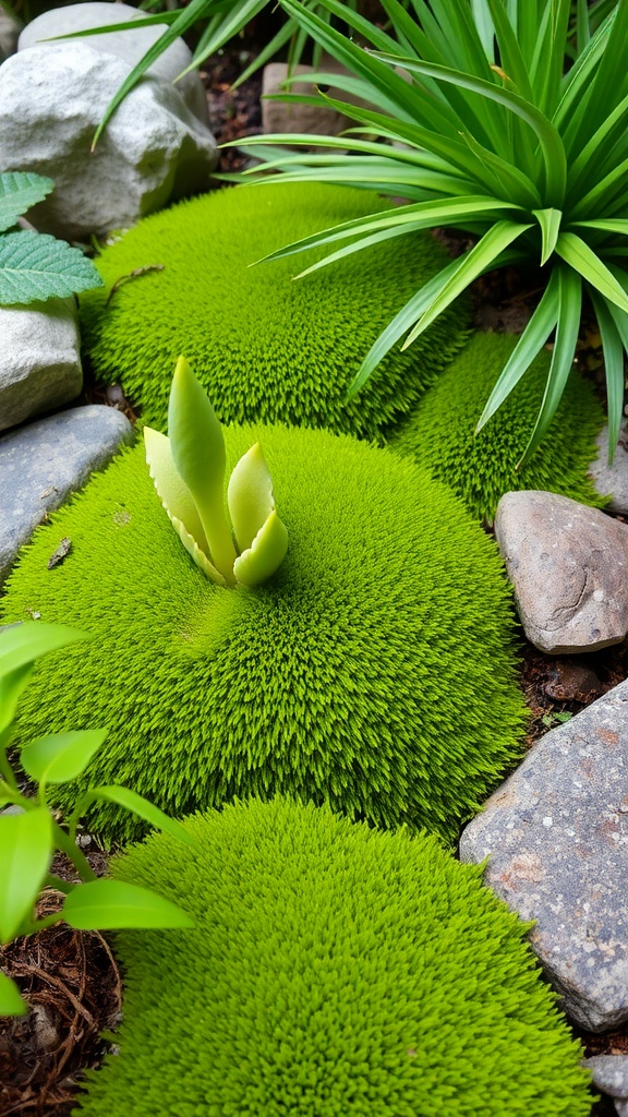 A vibrant cushion moss forming green mounds in a garden, surrounded by rocks and other plants.