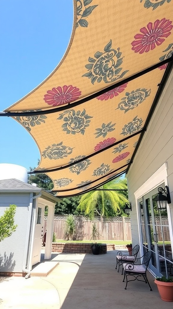 Custom fabric roof featuring floral designs providing shade over a patio area