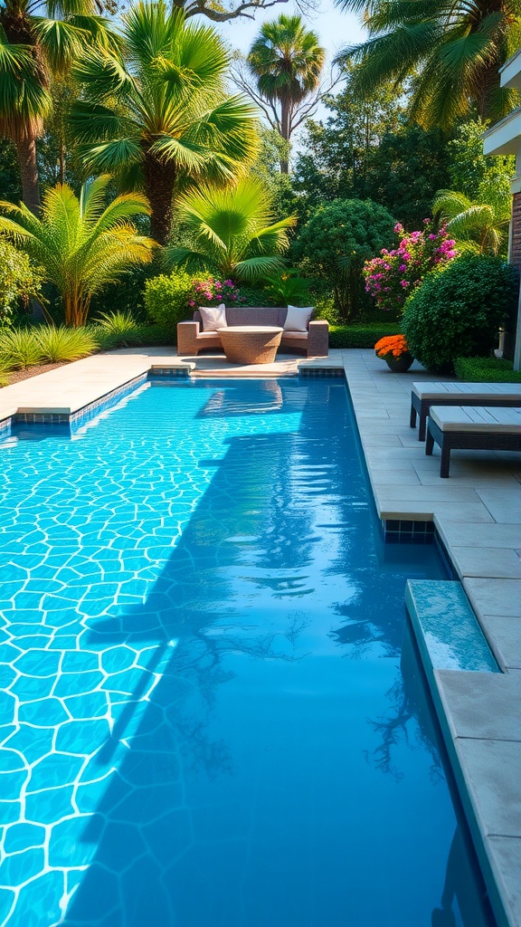 A beautifully designed custom pool deck with built-in benches surrounded by lush greenery.