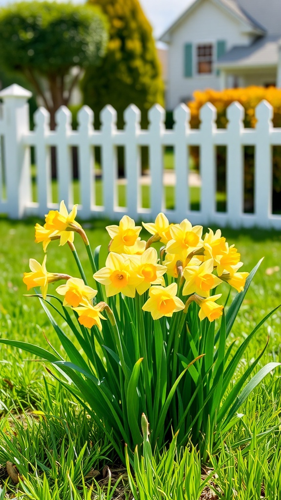 A cluster of bright yellow daffodils blooming in a front yard with a white picket fence in the background.