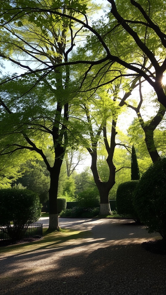 A serene garden scene with sunlight filtering through tall trees, creating dappled light on a pathway.