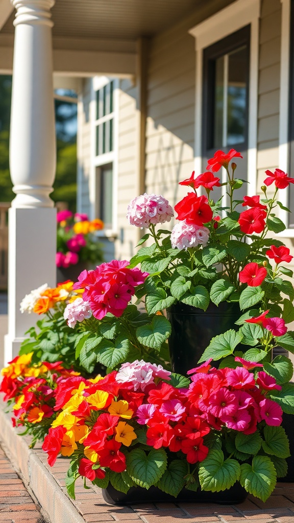 A colorful display of geraniums in various shades on a porch, perfect for container gardening.