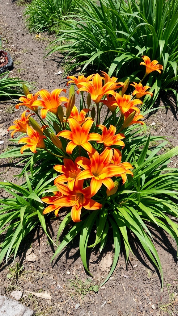 A cluster of vibrant orange daylilies surrounded by green foliage.