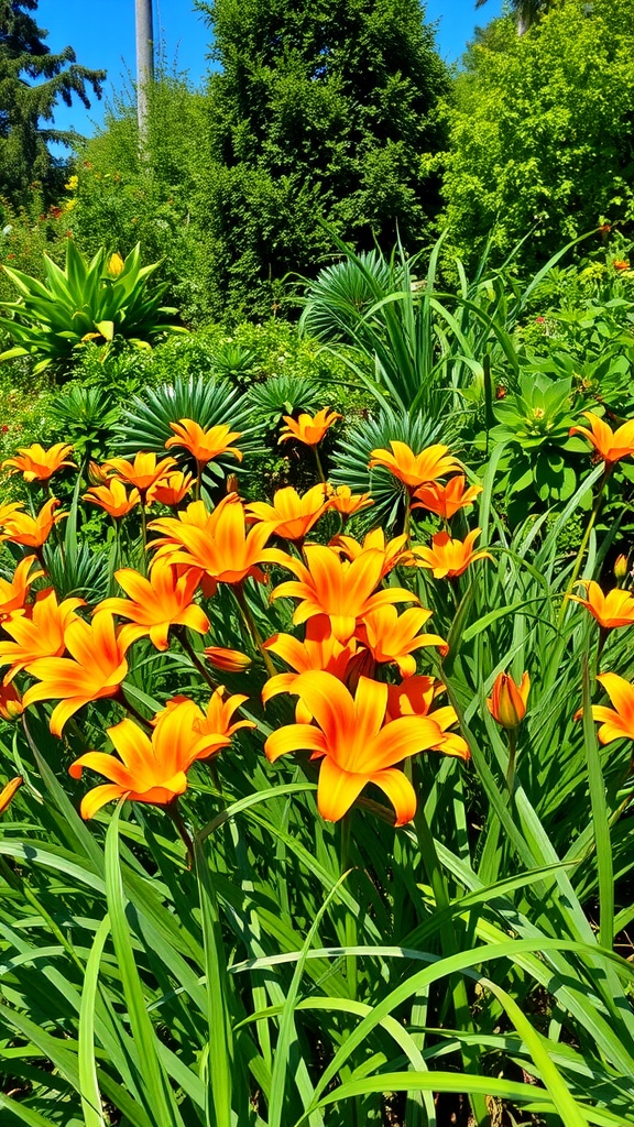 Bright orange daylilies blooming in a lush garden setting