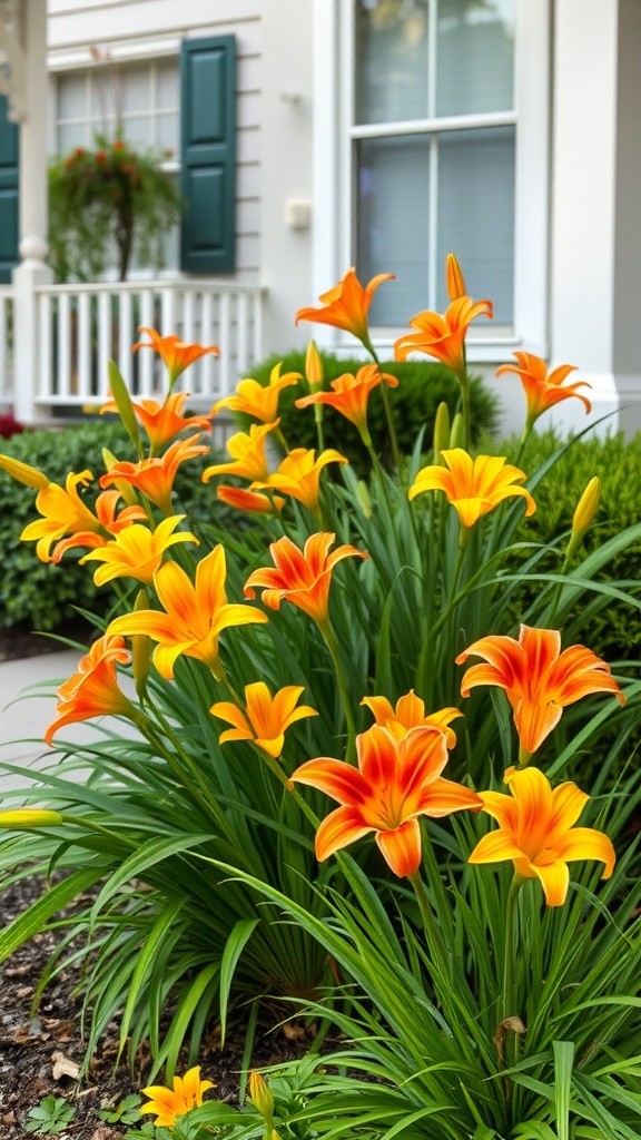 A vibrant display of orange and yellow daylilies in a front yard garden.