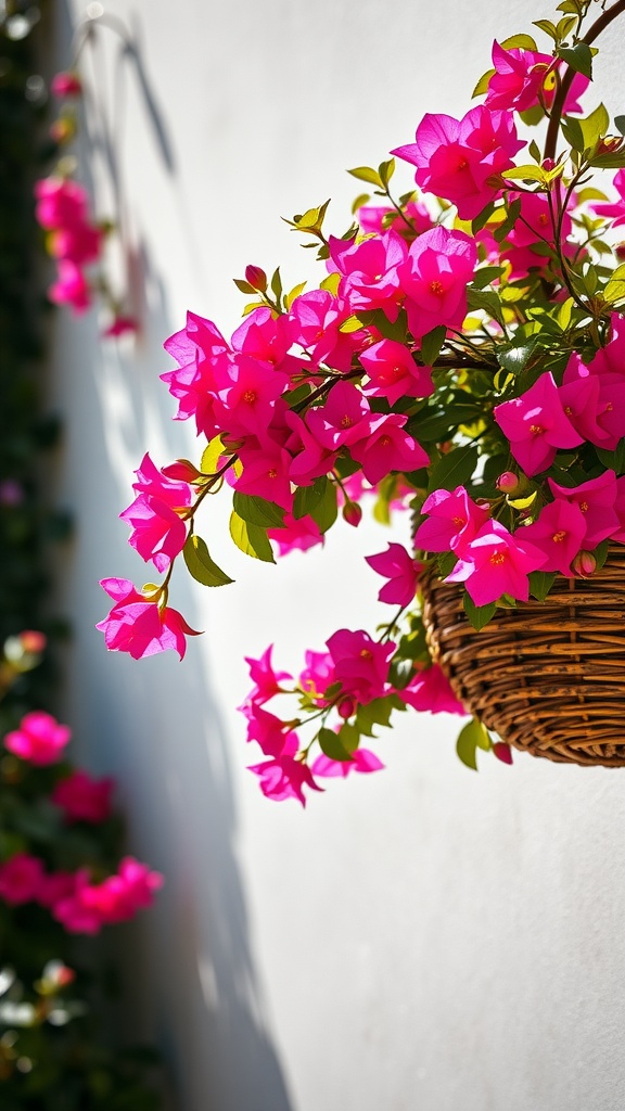 A vibrant bougainvillea plant in a hanging basket with bright pink flowers.