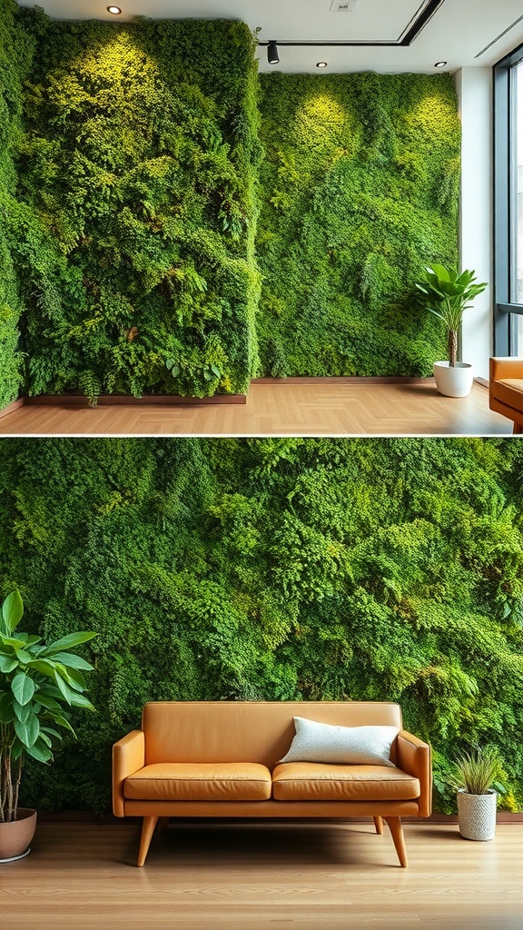 Indoor moss wall in a modern living space with a cozy orange couch and green plants