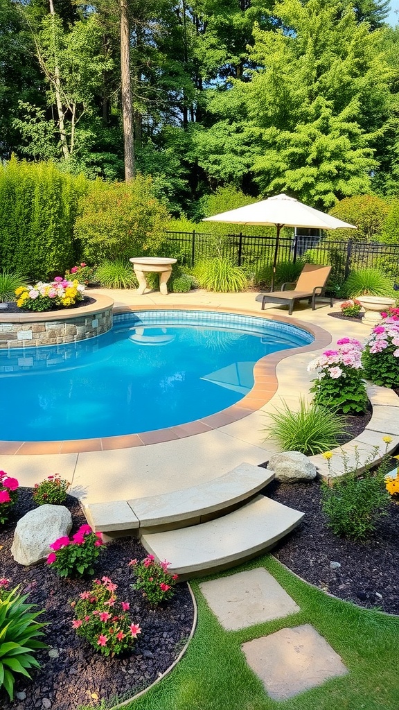 A beautifully landscaped pool deck with flowers, greenery, and a relaxing lounge area.