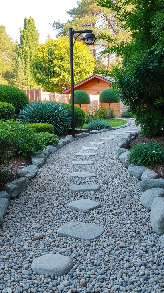 A decorative gravel pathway in a landscaped backyard, featuring stepping stones and lush greenery.