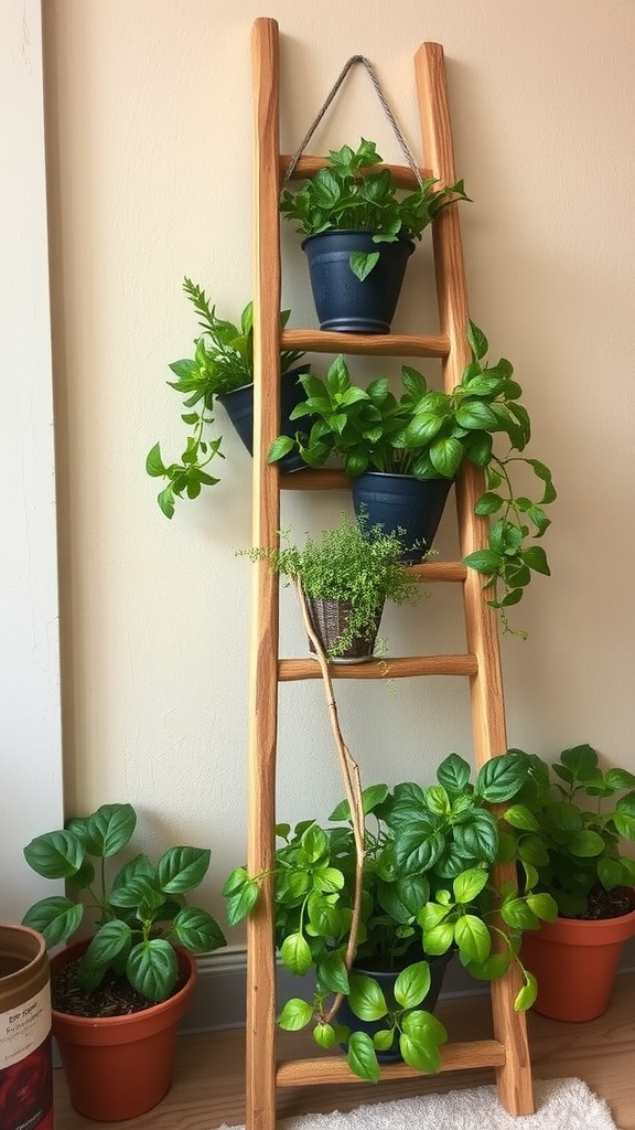 A decorative wooden ladder with labeled herb pots on each step, featuring various herbs.