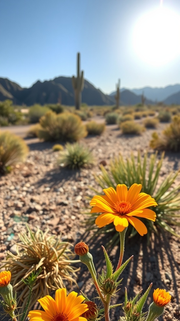 Desert Marigold flowers in a desert landscape with mountains and cacti in the background.