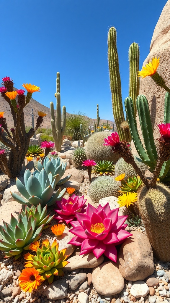 A colorful desert landscape featuring various succulents and cacti under a blue sky.