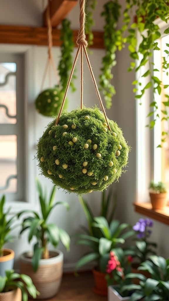 A hanging Japanese moss ball planter, showcasing vibrant green moss with decorative elements, displayed indoors among other plants.