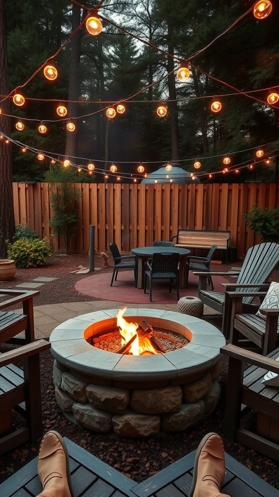 Cozy fire pit with seating area, string lights overhead, and surrounded by lush greenery.