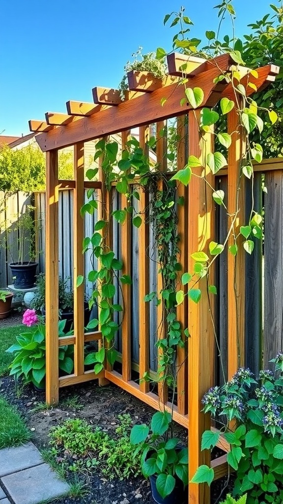 A wooden garden trellis with climbing plants in a backyard.