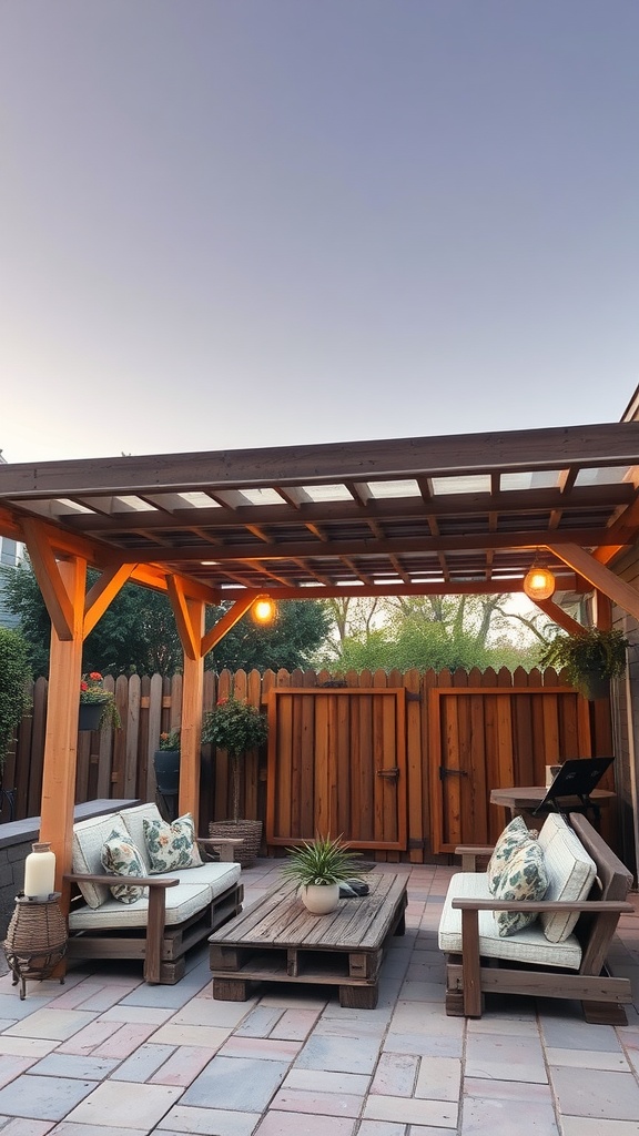 A cozy outdoor patio with a pallet roof, comfortable seating, and ambient lighting.