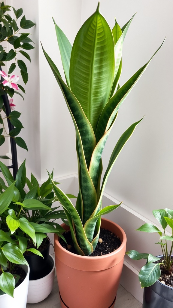 A tall Snake Plant with large green leaves among smaller houseplants, illustrating the importance of air circulation and spacing.