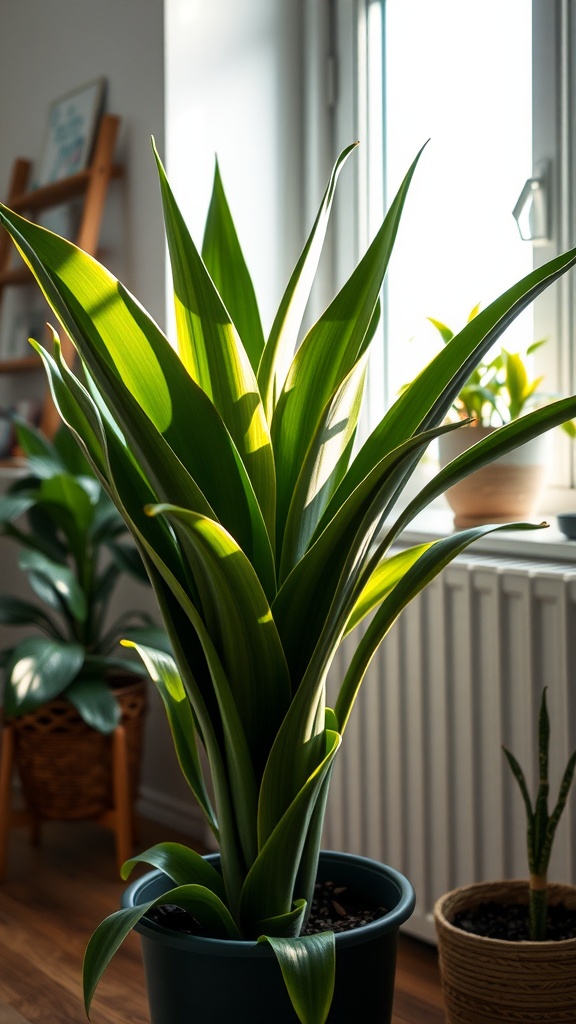 A healthy Snake Plant with vibrant green leaves, illuminated by soft sunlight, sitting next to a window