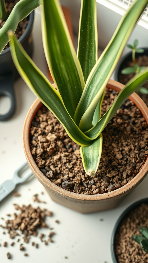 A close-up of a Snake Plant in a pot with well-draining soil, surrounded by gardening tools.