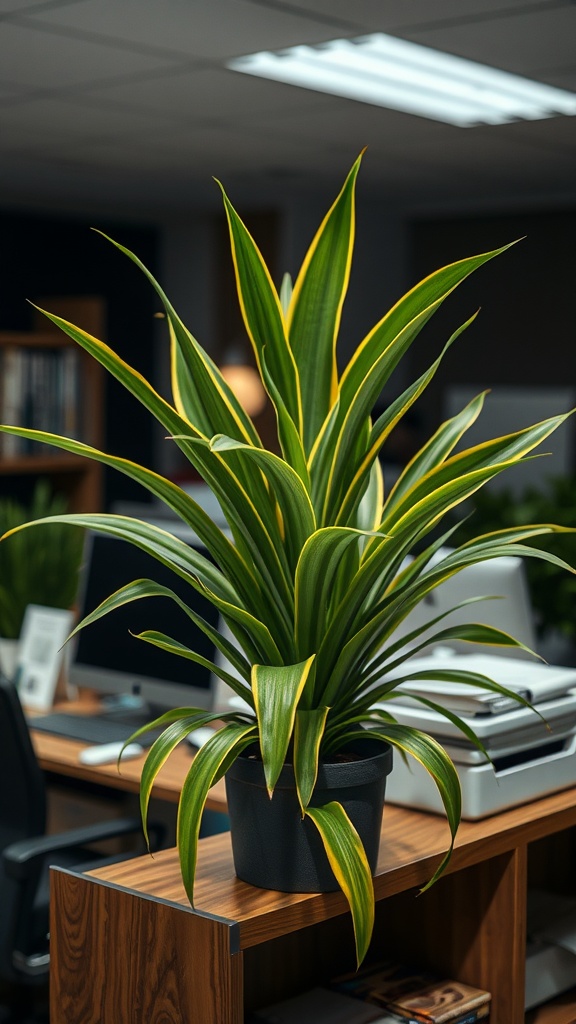 A Dracaena plant with long, green leaves edged with yellow, placed in a modern office setting.