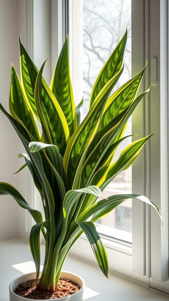 A beautiful Dracaena plant with long green leaves highlighted by sunlight, sitting next to a window.