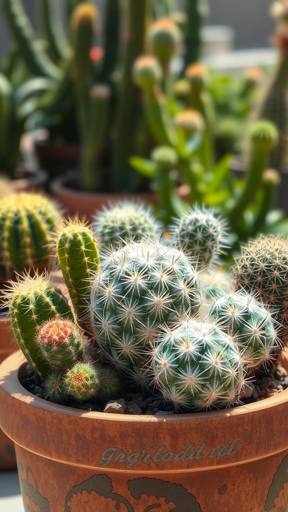 An assortment of cacti in a terracotta pot, featuring various shapes and sizes, set against a sunny background.