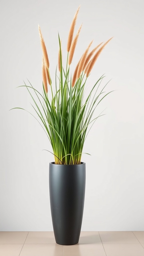 Dwarf Giant Reed in a modern black planter with tall green blades and feathery flower spikes