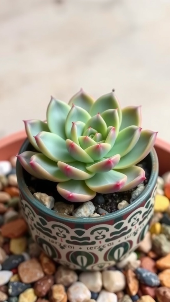 A close-up of Echeveria Elegans succulent in a decorative pot filled with small pebbles.