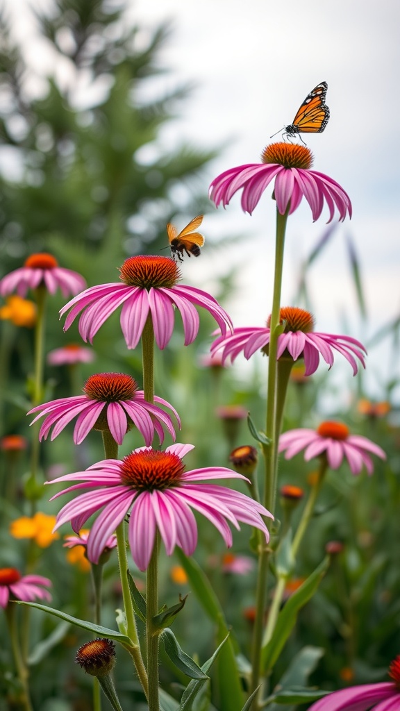 Echinacea flowers in bloom with butterflies, showcasing their beauty and attracting pollinators.