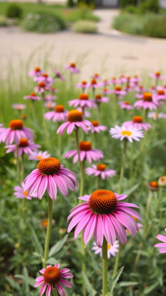 A cluster of vibrant pink Echinacea purpurea flowers with orange centers in a garden.