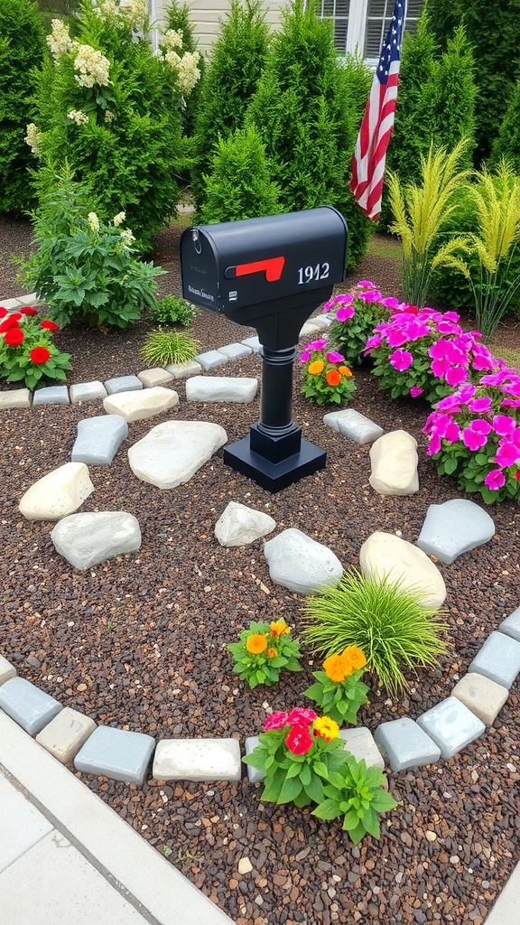 A stylish mailbox surrounded by colorful flowers and decorative stones, featuring the number '20LI' in golden letters