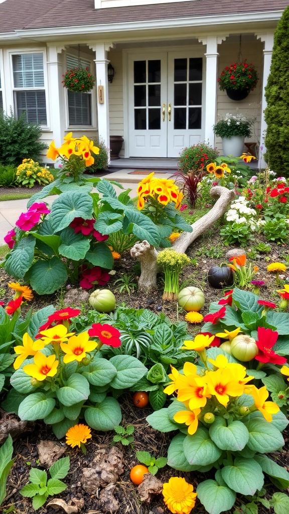 A colorful flower bed with edible flowers and vegetables in front of a house.